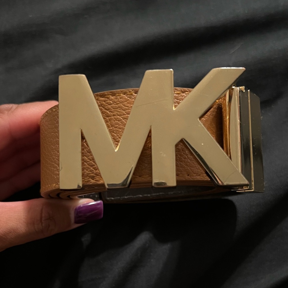 Michael Kors Reversible Women’s Designer Belt tan/dark brown MK logo Gold Buckle